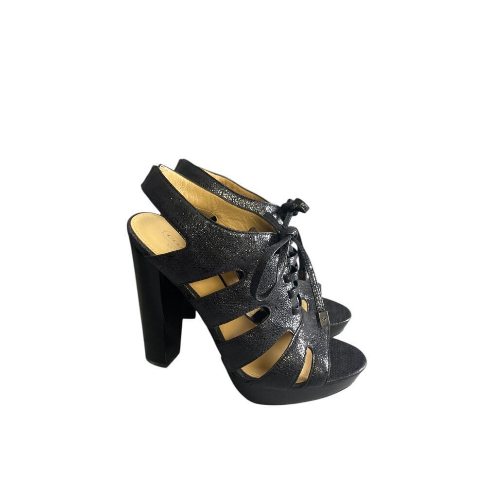 Coach Women’s Moreen Black Leather Caged Lace Up Platform Heels Size-7.5B